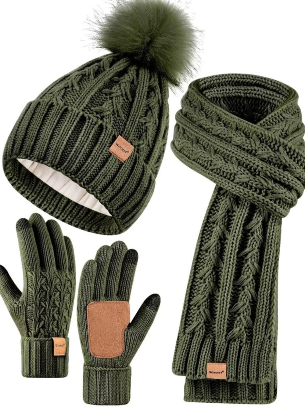 Cozy Winter Beanie Hat, Scarf & Touchscreen Gloves Set - Fleece Lined, Pom Pom